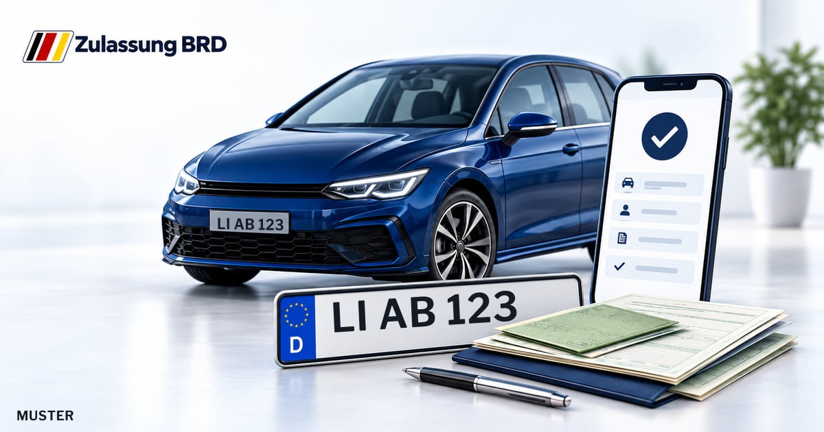 Online Fahrzeugzulassung in Landkreis Lindau: Musterkennzeichen LI AB 123, Auto und Fahrzeugpapiere und Smartphone. Illustration mit Logo von Zulassung BRD.